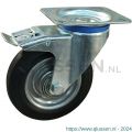 Protempo serie 02-12 zwenk transportwiel plaatbevestiging dubbele rem naloop stalen gaffel stalen velg standaard zwarte rubberen band 160 mm kogellager 202.166.126.500