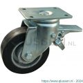 Protempo serie 04-19 zwenk transportwiel plaatbevestiging dubbele rem voorloop en stalen gaffel gietijzeren velg zwarte elastische rubberen band ± 70 shore A 150 mm kogellager 204.156.196.350