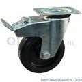 Protempo serie 07-91 zwenk transportwiel plaatbevestiging dubbele rem naloop stalen gaffel zwarte PA velg zwarte elastische rubberen band ± 70 shore A 160 mm rollager 207.162.916.500