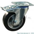 Protempo serie 10-12 zwenk transportwiel plaatbevestiging dubbele rem naloop en stalen gaffel aluminium velg zwarte elastische rubberen band ± 68 shore A 100 mm kogellager 210.106.126.500