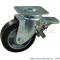 Protempo serie 10-19 zwenk transportwiel plaatbevestiging dubbele rem voorloop en stalen gaffel aluminium velg zwarte elastische rubberen band ± 68 shore A 100 mm kogellager 210.106.196.300