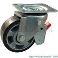 Protempo serie 10-11 zwenk transportwiel plaatbevestiging dubbele rem voorloop en stalen gaffel aluminium velg zwarte elastische rubberen band ± 68 shore A 125 mm kogellager 210.126.116.350