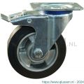 Protempo serie 10-12 zwenk transportwiel plaatbevestiging dubbele rem naloop en stalen gaffel aluminium velg zwarte elastische rubberen band ± 68 shore A 125 mm kogellager 210.126.126.550