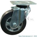 Protempo serie 10-14 zwenk transportwiel plaatbevestiging stalen gaffel wiel aluminium velg zwarte elastische rubberen band ± 68 shore A 125 mm kogellager 210.126.146.040