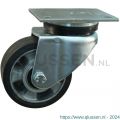 Protempo serie 10-14 zwenk transportwiel plaatbevestiging stalen gaffel wiel aluminium velg zwarte elastische rubberen band ± 68 shore A 125 mm kogellager 210.126.146.050