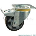 Protempo serie 10-16 zwenk transportwiel plaatbevestiging dubbele rem naloop en stalen gaffel aluminium velg zwarte elastische rubberen band ± 68 shore A 125 mm kogellager 210.126.166.550