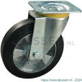 Protempo serie 10-16 zwenk transportwiel plaatbevestiging stalen gaffel wiel aluminium velg zwarte elastische rubberen band ± 68 shore A 200 mm kogellager 210.206.166.050