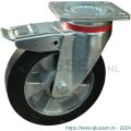 Protempo serie 10-17 zwenk transportwiel plaatbevestiging dubbele rem naloop en stalen gaffel aluminium velg zwarte elastische rubberen band ± 68 shore A 200 mm kogellager 210.206.176.550