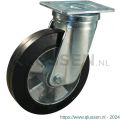 Protempo serie 10-18 zwenk transportwiel plaatbevestiging stalen gaffel wiel aluminium velg zwarte elastische rubberen band ± 68 shore A 200 mm kogellager 210.206.186.000