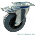 Protempo serie 11-12 zwenk transportwiel plaatbevestiging dubbele rem naloop stalen gaffel PP velg standaard grijze rubberen band 100 mm rollager 211.102.126.500