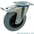 Protempo serie 11-12 zwenk transportwiel plaatbevestiging dubbele rem naloop stalen gaffel PP velg standaard grijze rubberen band 160 mm glijlager 211.161.126.500