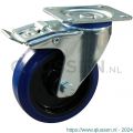 Protempo serie 13-12 zwenk transportwiel plaatbevestiging dubbele rem naloop stalen gaffel zwarte PA velg blauwe elastische rubberen band ± 70 shore A 80 mm rollager 213.082.126.500