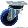 Protempo serie 13-14 zwenk transportwiel plaatbevestiging stalen gaffel zwarte PA velg blauwe elastische rubberen band ± 70 shore A 100 mm rollager 213.102.146.000