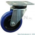 Protempo serie 13-14 zwenk transportwiel plaatbevestiging stalen gaffel zwarte PA velg blauwe elastische rubberen band ± 70 shore A 125 mm rollager 213.122.146.000