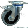 Protempo serie 14-12 zwenk transportwiel plaatbevestiging dubbele rem naloop stalen gaffel zwarte PA velg grijze elastische rubberen band ± 65 shore A 80 mm kogellager 214.086.126.500