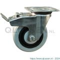 Protempo serie 14-31 zwenk transportwiel plaatbevestiging dubbele rem naloop RVS gaffel zwarte PA velg grijze elastische rubberen band ± 65 shore A 100 mm kogellager 214.106.316.500