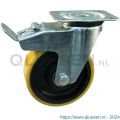 Protempo serie 28-91 zwenk transportwiel plaatbevestiging dubbele rem naloop stalen gaffel gietijzeren velg PU band ± 94 shore A 80 mm kogellager 228.086.916.530