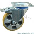 Protempo serie 29-12 zwenk transportwiel plaatbevestiging dubbele rem naloop stalen gaffel aluminium velg PU band ± 94 shore A 125 mm kogellager 229.126.126.530