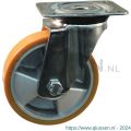 Protempo serie 29-31 zwenk transportwiel plaatbevestiging stalen gaffel aluminium velg PU band ± 94 shore A 150 mm rollager 229.159.316.000