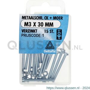 Deltafix metaalschroef cilinderkop met moer verzinkt M3x30 mm DIN 7985/934 blister 15 stuks 11272