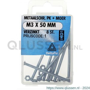 Deltafix metaalschroef platkop met moer verzinkt M3x50 mm DIN 965/934 blister 8 stuks 11297