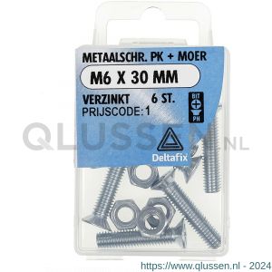 Deltafix metaalschroef platkop met moer verzinkt M6x30 mm DIN 965/934 blister 6 stuks 11306