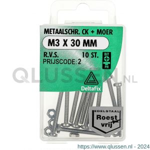 Deltafix metaalschroef cilinderkop met moer RVS A2 M3x30 mm DIN 7985/934 blister 10 stuks 11399