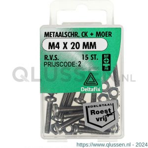 Deltafix metaalschroef cilinderkop met moer RVS A2 M4x20 mm DIN 7985/934 blister 15 stuks 11401