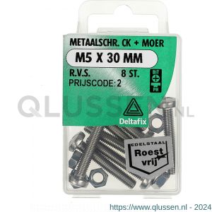 Deltafix metaalschroef cilinderkop met moer RVS A2 M5x30 mm DIN 7985/934 blister 8 stuks 11404