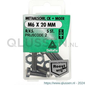 Deltafix metaalschroef cilinderkop met moer RVS A2 M6x20 mm DIN 7985/934 blister 5 stuks 11407