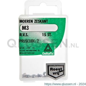 Deltafix moer zeskant RVS A2 M3 DIN 934 blister 15 stuks 11420