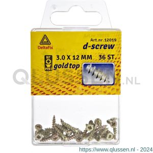 D-Screw Gold-Top spaanplaatschroef platkop kruiskop met smeerfilm verzinkt 3.0x12 mm blister 36 stuks 12019