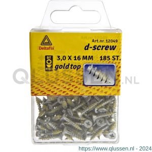 D-Screw Gold-Top spaanplaatschroef platkop kruiskop met smeerfilm verzinkt 3.0x16 mm blister 185 stuks 12049