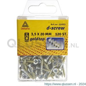 D-Screw Gold-Top spaanplaatschroef platkop kruiskop met smeerfilm verzinkt 3.5x20 mm blister 120 stuks 12053