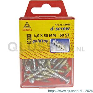 D-Screw Gold-Top spaanplaatschroef cilinderkop kruiskop met smeerfilm verzinkt 4.0x30 mm blister 60 stuks 12085