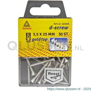 D-Screw Gold-Top spaanplaatschroef platkop kruiskop met smeerfilm RVS A2 3.5x25 mm blister 30 stuks 12103