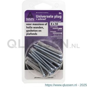 Deltafix universeelplug met kraag met spaanplaatschroef grijs 8x50 mm blister 8 stuks 23437