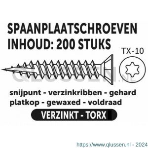 Private-Label spaanplaatschroef platkop Torx met nibs type 17 snijpunt verzinkt 3.0x16 mm doos 200 stuks 52302