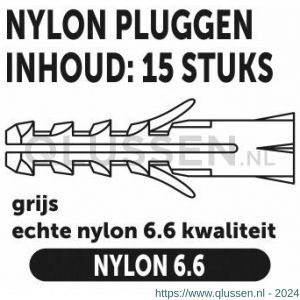 Private-Label nylon plug grijs 14x75 mm 15 stuks 52564