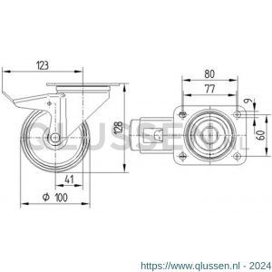 Tente zwenkwiel met plaat met rem grijs 100 mm maximaal 160 kg 56072