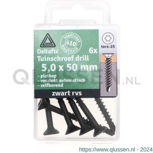 Deltafix spaanplaatschroef platkop Torx met nibs boorpunt zwart gecoat RVS 410 5.0x50 mm blister 6 stuks 64118