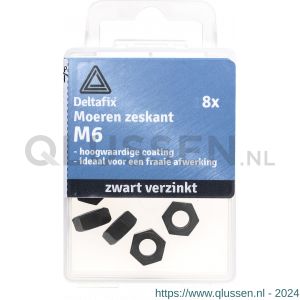 Deltafix moer zeskant zwart verzinkt M6 DIN 934 blister 8 stuks 64363