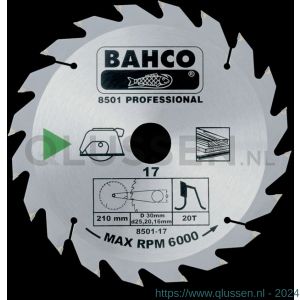 Bahco 8501 cirkelzaagblad hardmetaal hout 190x30 mm 20T 8501-15