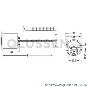 Evva buitencilinder kern centrisch 3KS diameter 28 mm keersleutel verschillend sluitend messing vernikkeld AZMB-3KS-NI