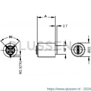 Evva meubelcilinder 42 mm lang 3KS diameter 22 mm keersleutel plan messing vernikkeld MR22-42-3KS-HS