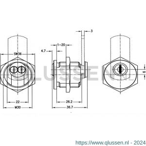 Evva plaatmontagecilinder EPS M30x1,5 mm stiftsleutel conventioneel plan messing vernikkeld MB30-EPS-HS