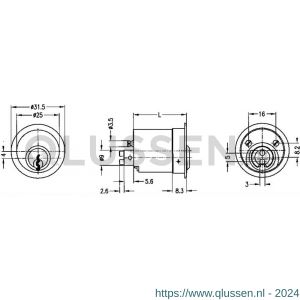 Evva meubelcilinder 26 mm lang EPS diameter 25 mm stiftsleutel conventioneel plan messing vernikkeld MRT25-26-EPS-HS