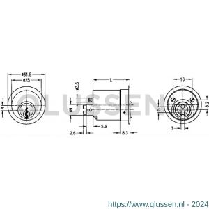 Evva meubelcilinder 31 mm lang EPS diameter 25 mm stiftsleutel conventioneel verschillend sluitend messing vernikkeld MRL25-31-EPS-NI