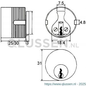 Evva schroefcilinder dubbel NL 25 mm stiftsleutel conventioneel plan messing vernikkeld LSC25-NL-HS