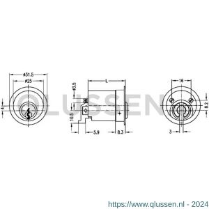 Evva meubelcilinder 36 mm lang NL diameter 25 mm stiftsleutel conventioneel plan messing vernikkeld MR25ESP-36-NL-HS